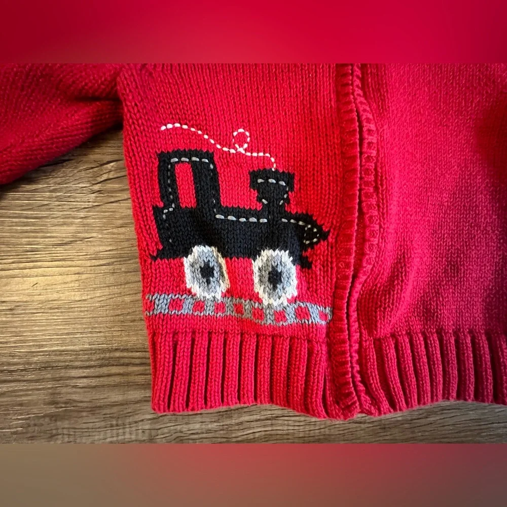 OshKosh B'Gosh Zip Up Sweater Boys Size 9 Months Red Black Train Long Sleeve I28